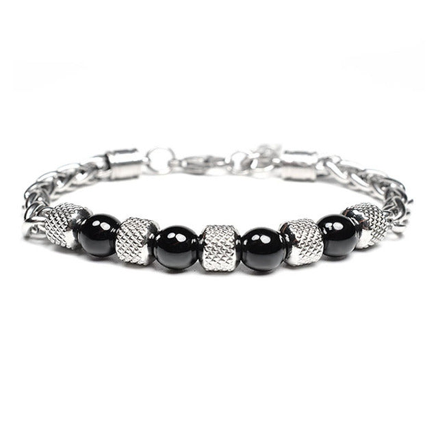 New Men's Adjustable Natural Stone Bead Stainless Steel Bracelet